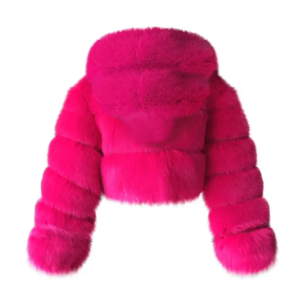 Hot Pink Faux Fur Coat Women with Hood Cropped Bubble Coats Fleece Short Warm Jackets Plus Size Winter Coats for Women