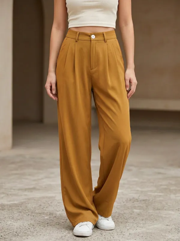 Women's High-Waisted Pleated Wide-Leg Casual High-Rise Waist Belt Loops Pants