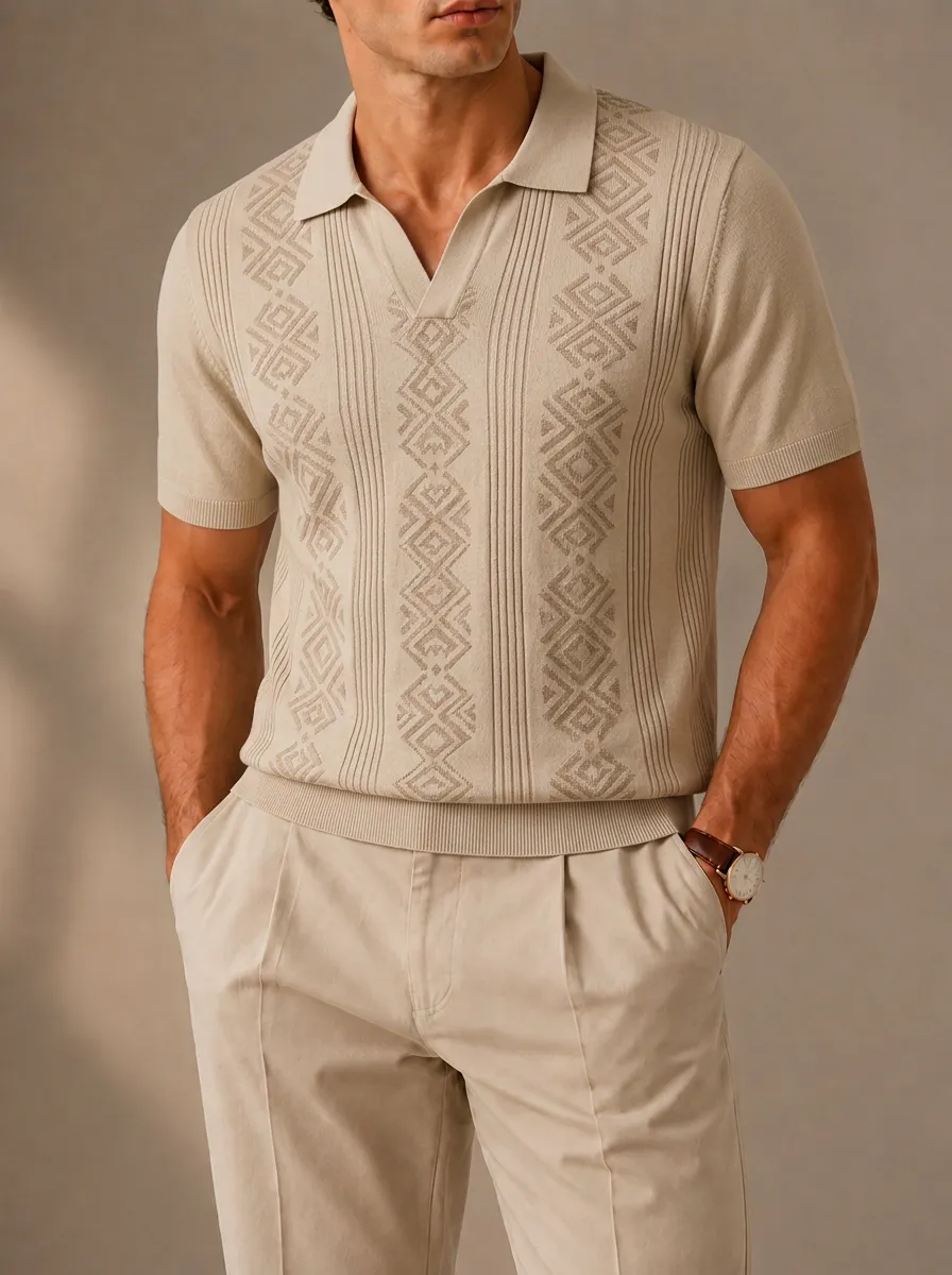 Men's Geometric Pattern Knit Polo Shirt Featuring Regular Fit