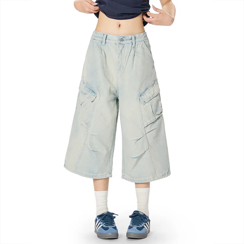 Vintage Wash Distressed Wide Leg Denim Shorts