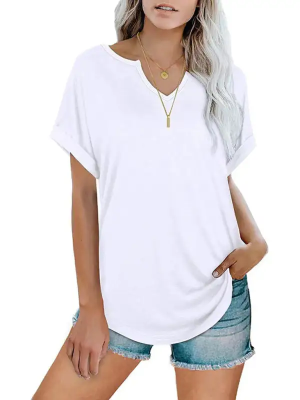 Notched-Neck Short-Sleeve Knit Relaxed T-Shirt