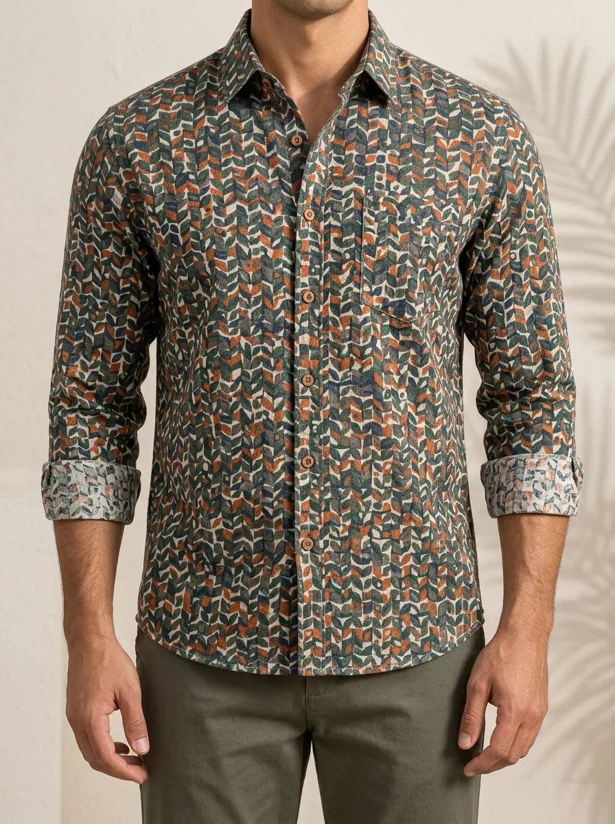 Men's Leaf and Geometric Motif Long Sleeve Shirt