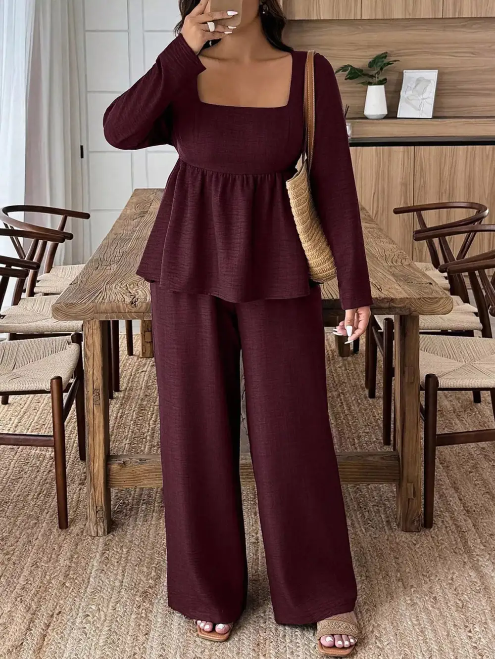 Plus Size Square Neck Long Sleeve Top and Pants Two Piece Set