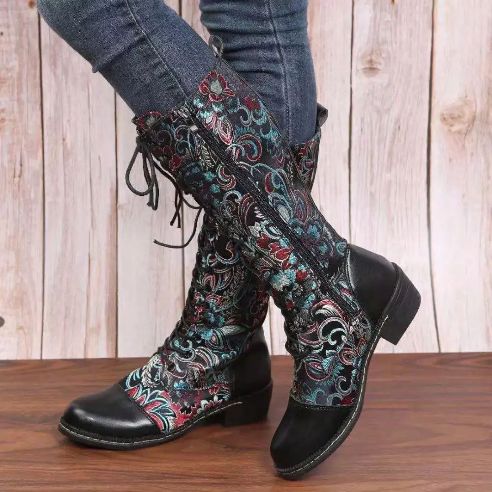 Embroidered Lace Up Block Heel Boots