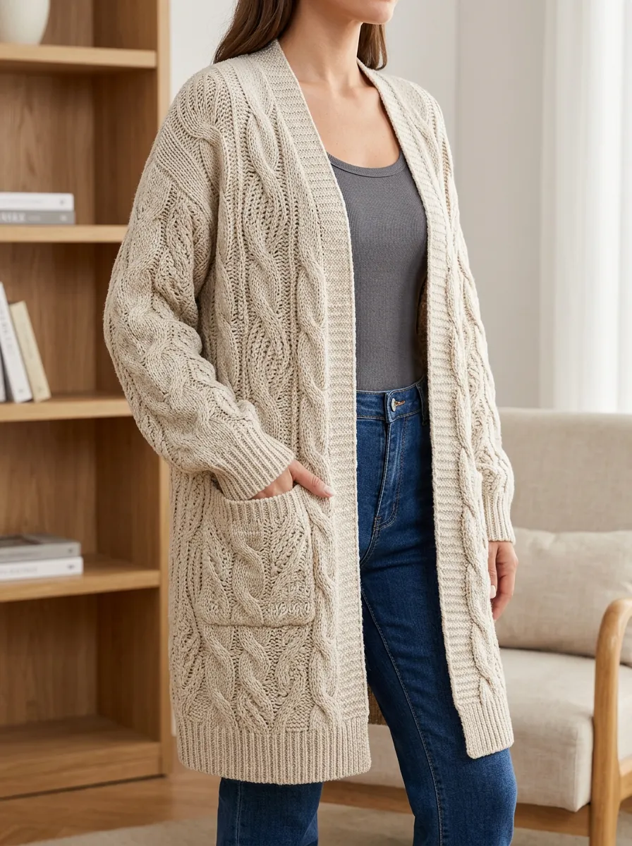 Women's Cable Knit Open-Front Open- Design No Closures Long Cardigan