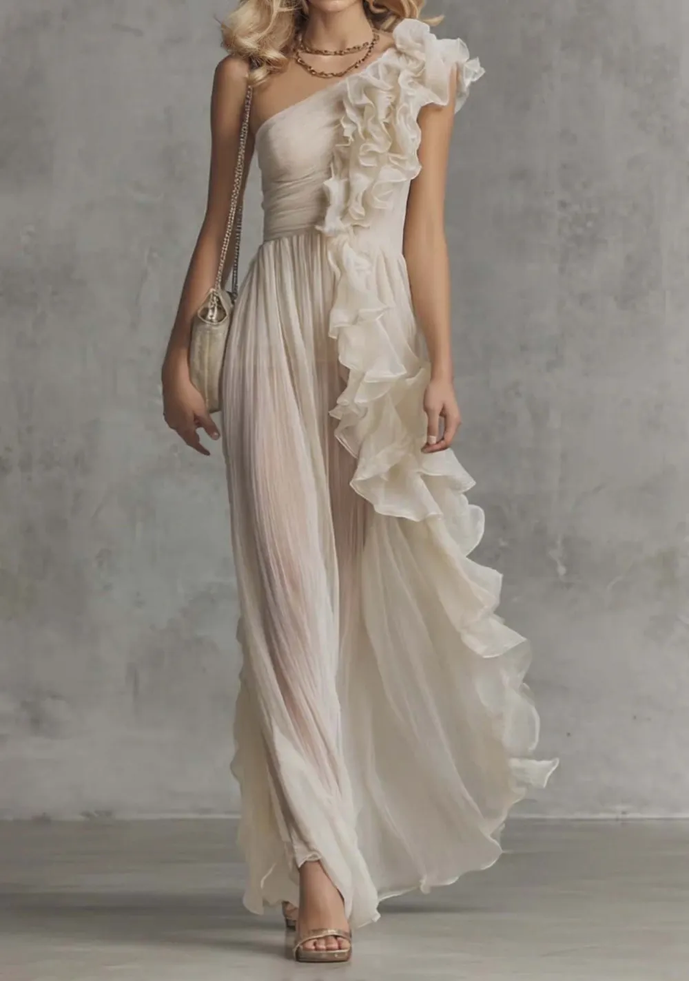 One Shoulder Ruffle Chiffon Maxi Dress
