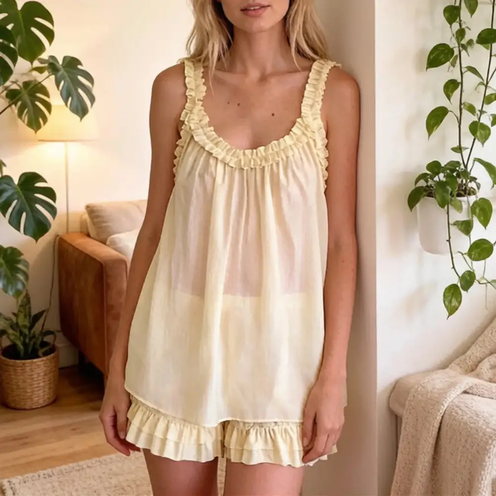 Sheer Ruffle Trim Pleated Tank Top and Shorts Lounge Set