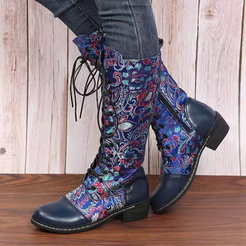 Embroidered Lace Up Block Heel Boots