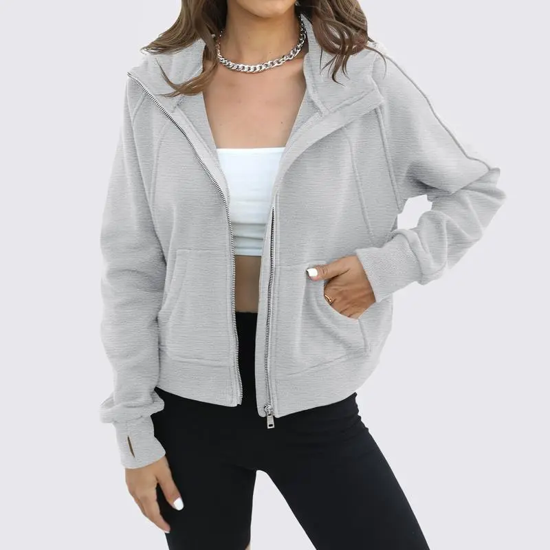 Womens Zip Up Sweatshirts Fleece Lined Collar Crop Hoodie Casual Cotton Long Sleeve Tops with Thumb Hole