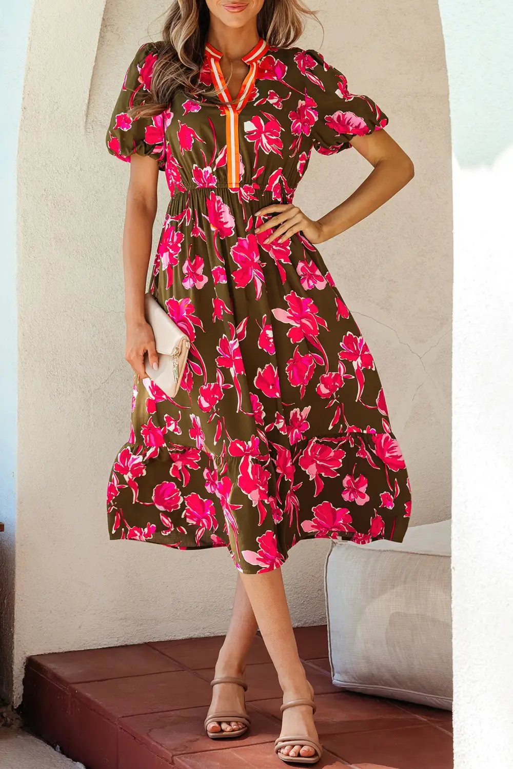 Floral Striped Split Neck Maxi Dress