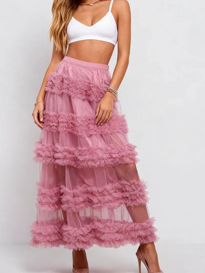 Layered Ruffle Sheer Mesh Elastic Waist Maxi Skirt