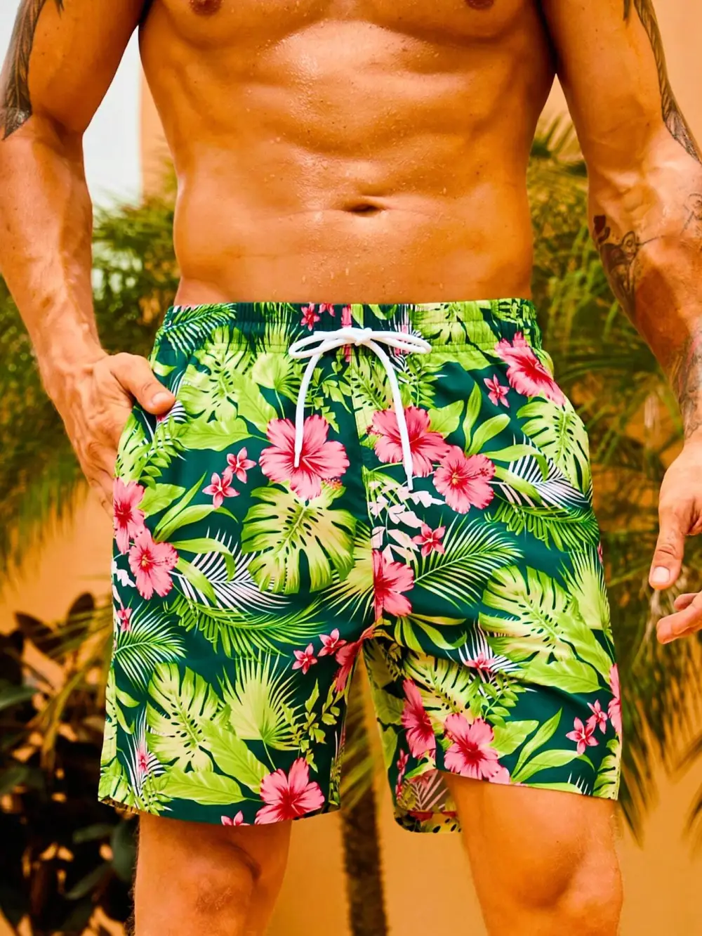 Men's Drawstring Tropical Print Pocket Swim Trunks