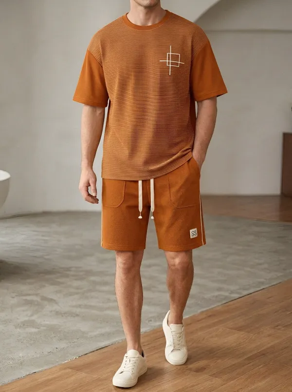 Classic Geometric Pattern Silhouette Men's T-Shirt And Shorts Set