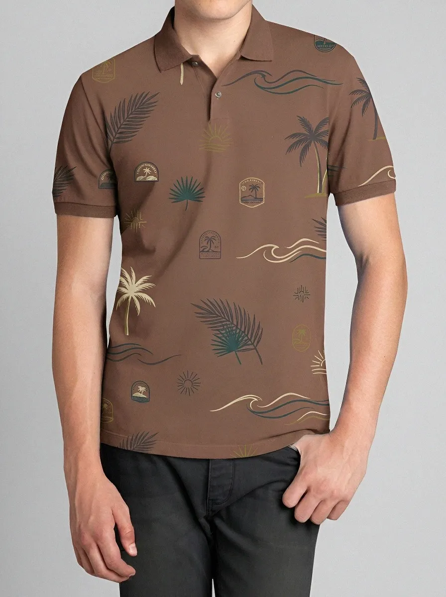 Men's Tropical Beach Lover Palm Tree Wave Printed Polo Shirt