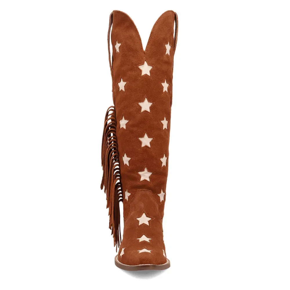 Faux-Suede Snip-Toe Chunky-Heel Platform Knee-Length Western Boots