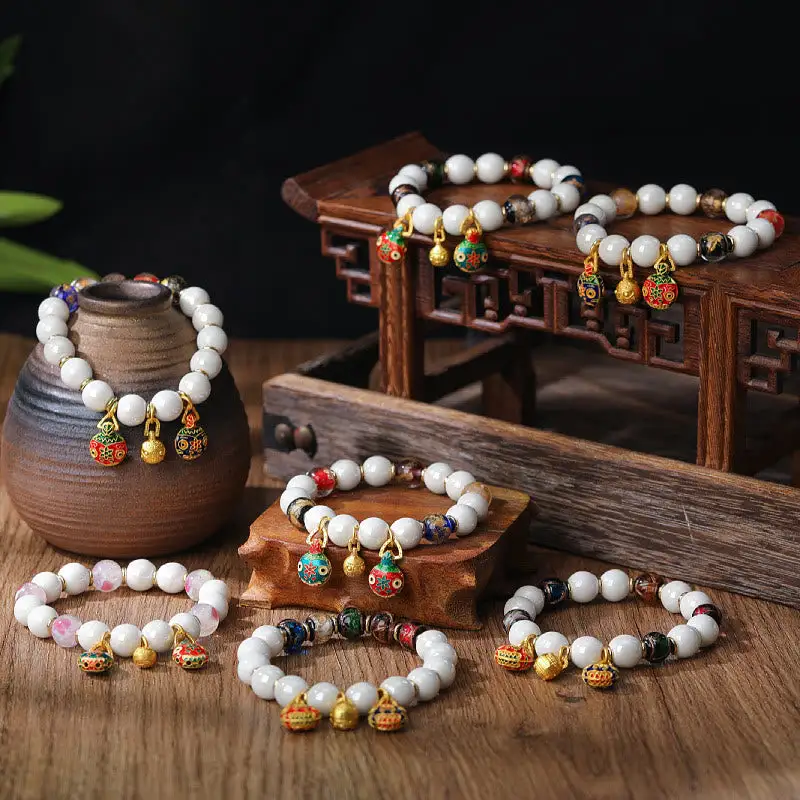 Swallowing Beast Family Charm Liuli Glass Porcelain Bracelet