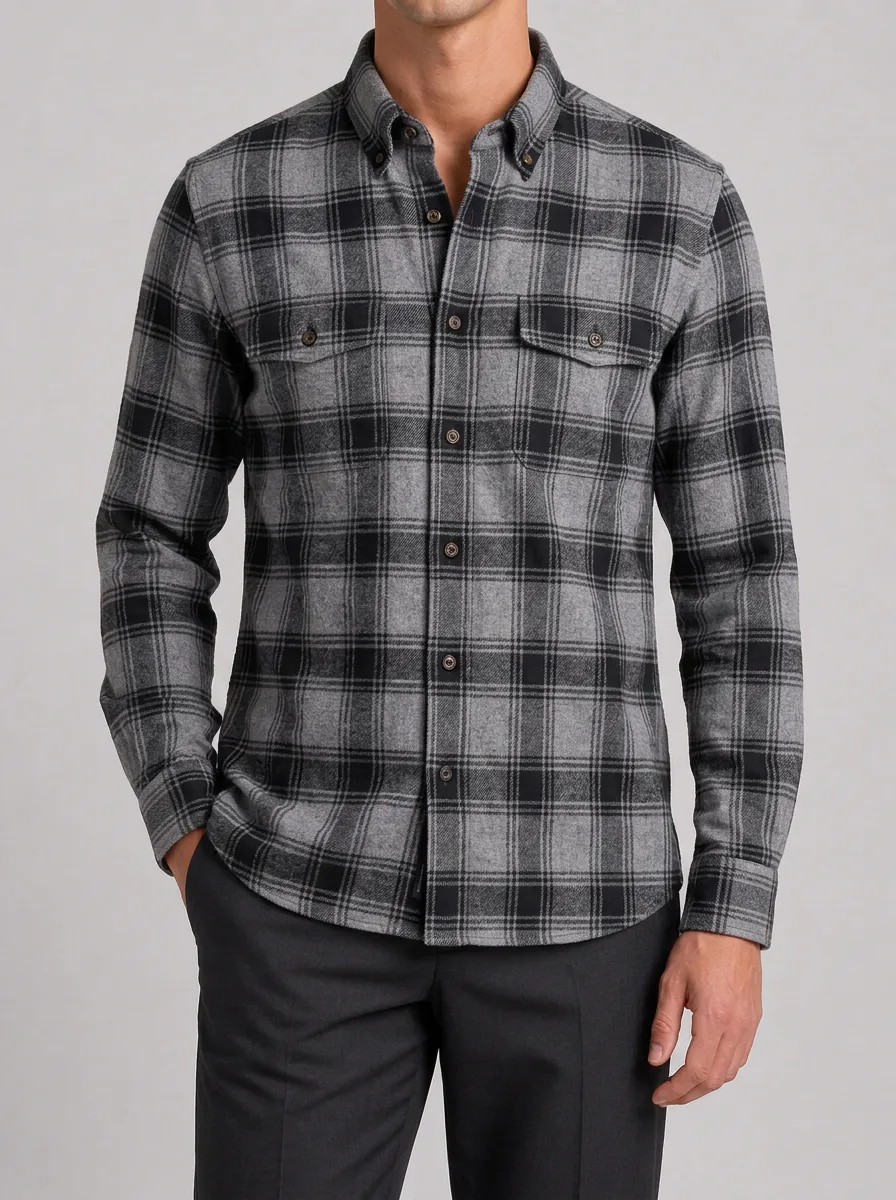 Men's Casual Style Grey Black Plaid Pattern Button Down Shirt