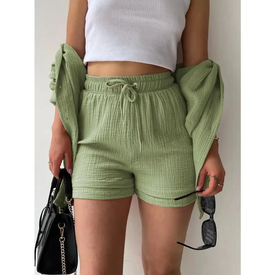Relaxed Textured Button Up Shirt and Shorts Set