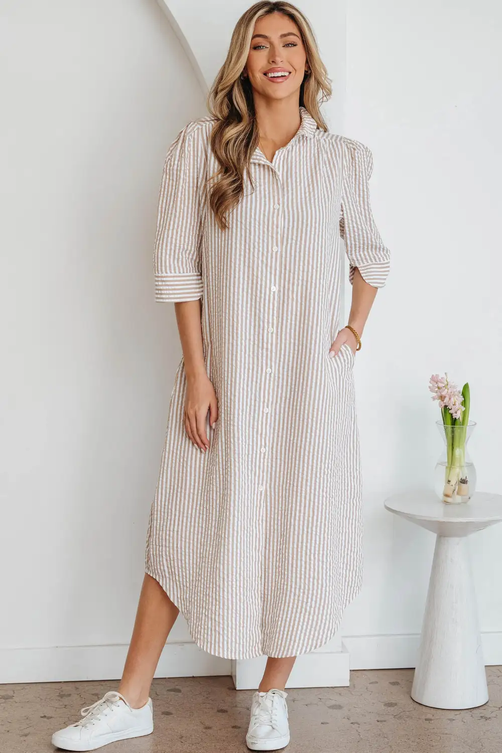 Striped Ruffle Short Sleeve Maxi Dress