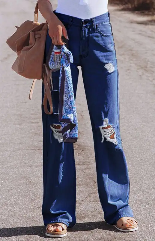 High Waist Wide Leg Ripped Denim Jeans