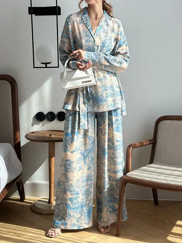 Long Sleeve Buttoned Print Blouse And Pants Set