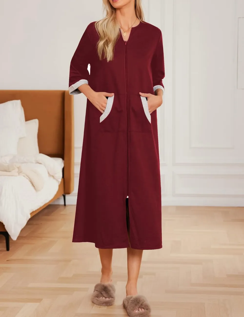 50% OFF Women Zipper Robe 3/4 Sleeves Loungewear Dress Full Length Sleepwear Pockets Housecoat Nightgown Long Bathrobe