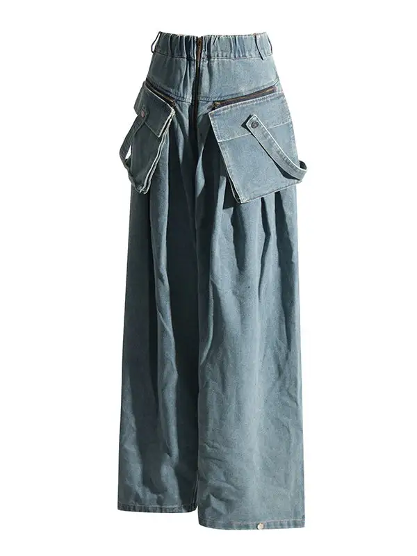 Relaxed Fit Wide Leg Seamed Pleated Zip Detail Pocket Jeans