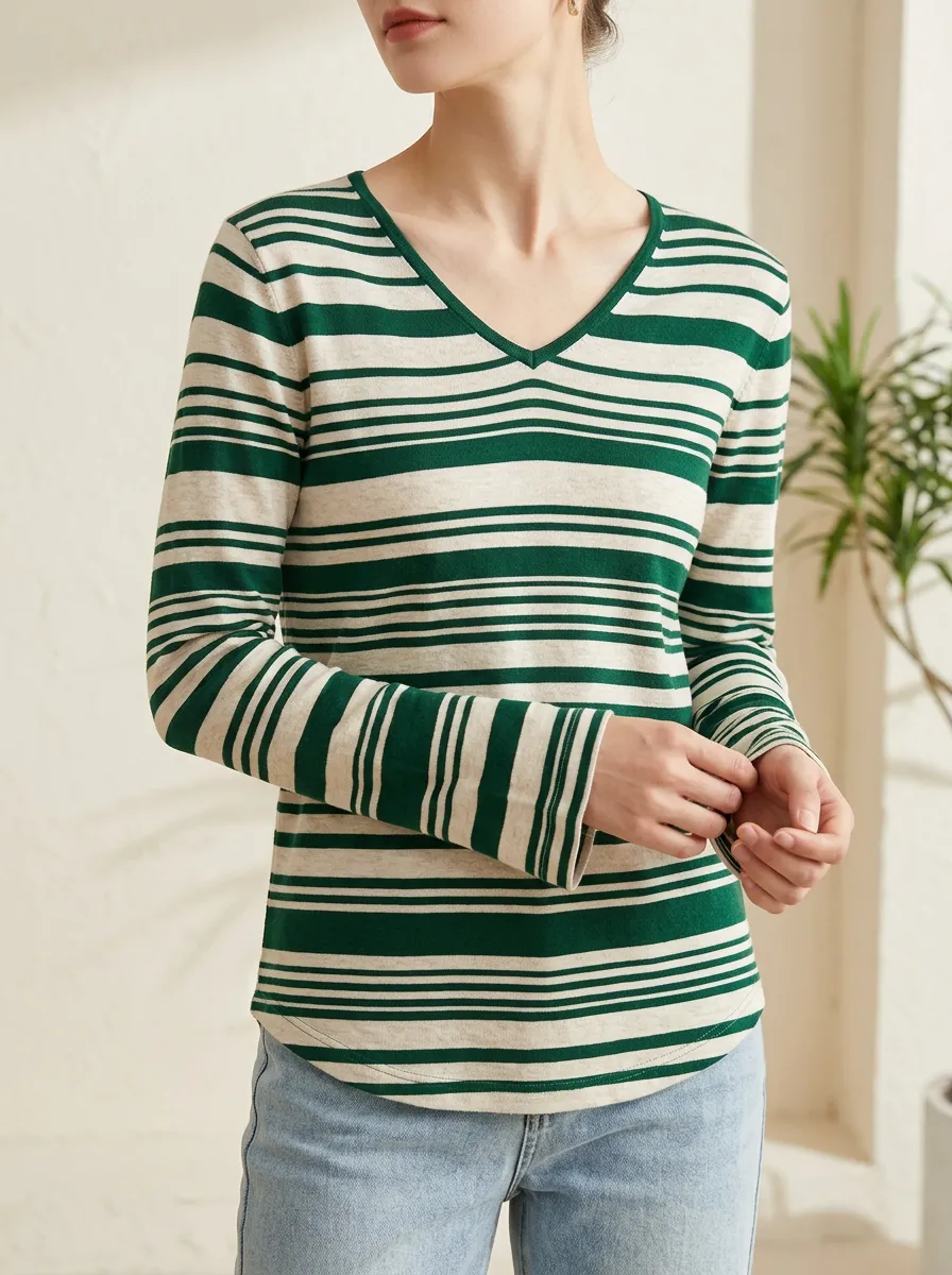 Women's Simple Striped Printed V Neck Top