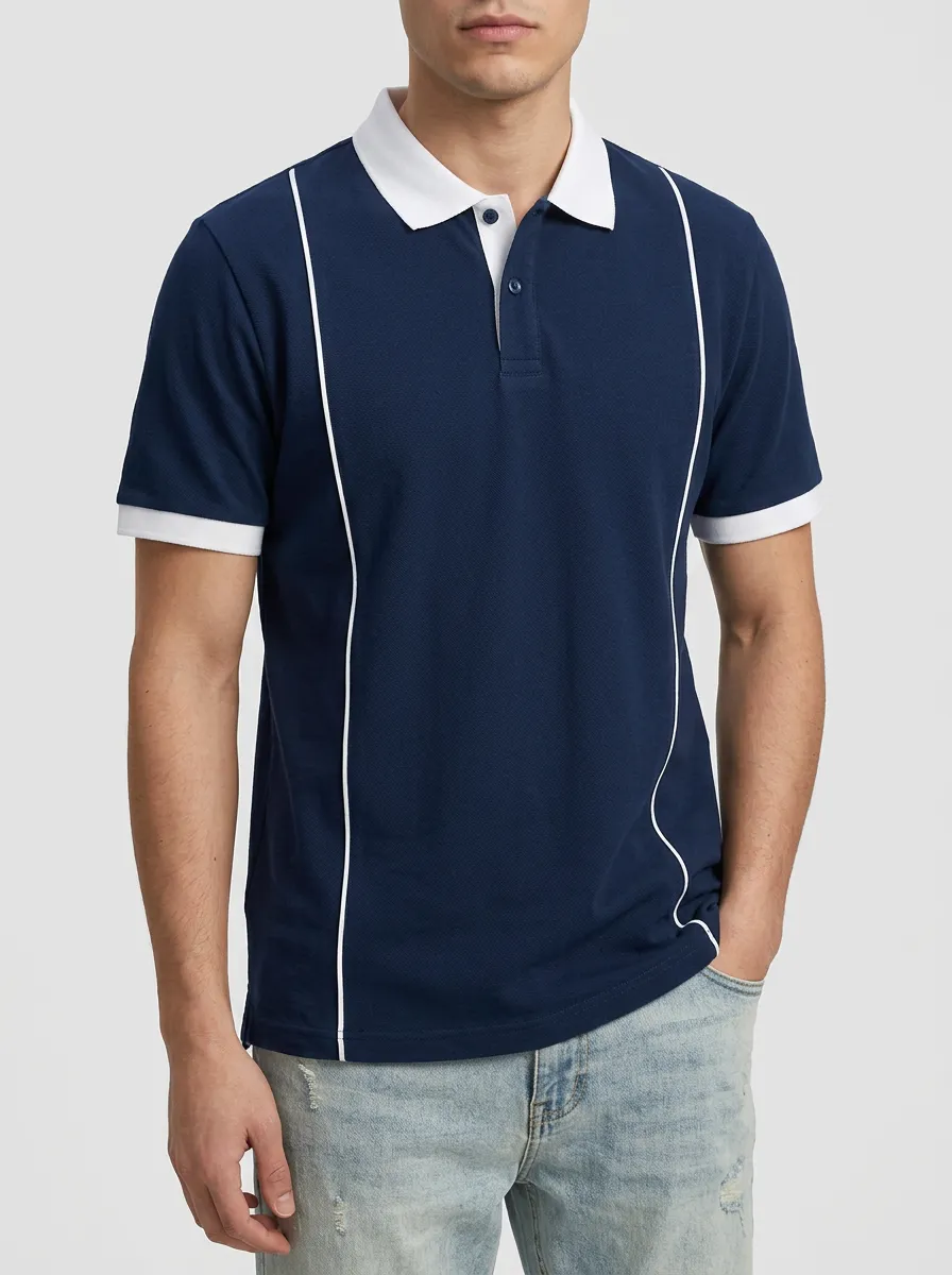 Men's Navy White Contrast Piping Pattern Polo Shirt