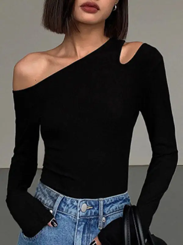 Long Sleeve Slim Fit Asymmetric Cutout Panel Detail One Shoulder T-Shirt