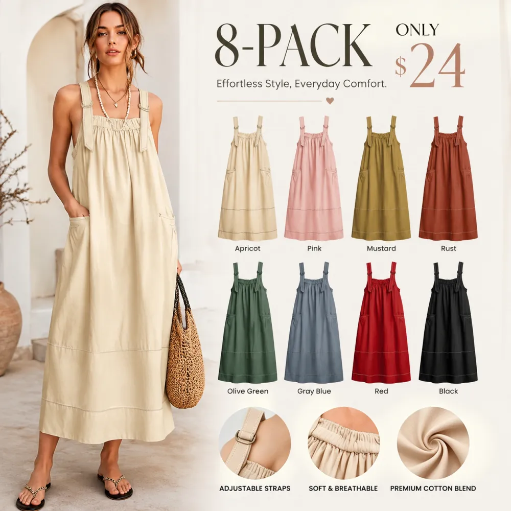 Women's Barrel Midi Dress Sleeveless Strappy Maxi Dress with Big Pockets & Adjustable Straps Minimalist Basic Casual Fall Dress