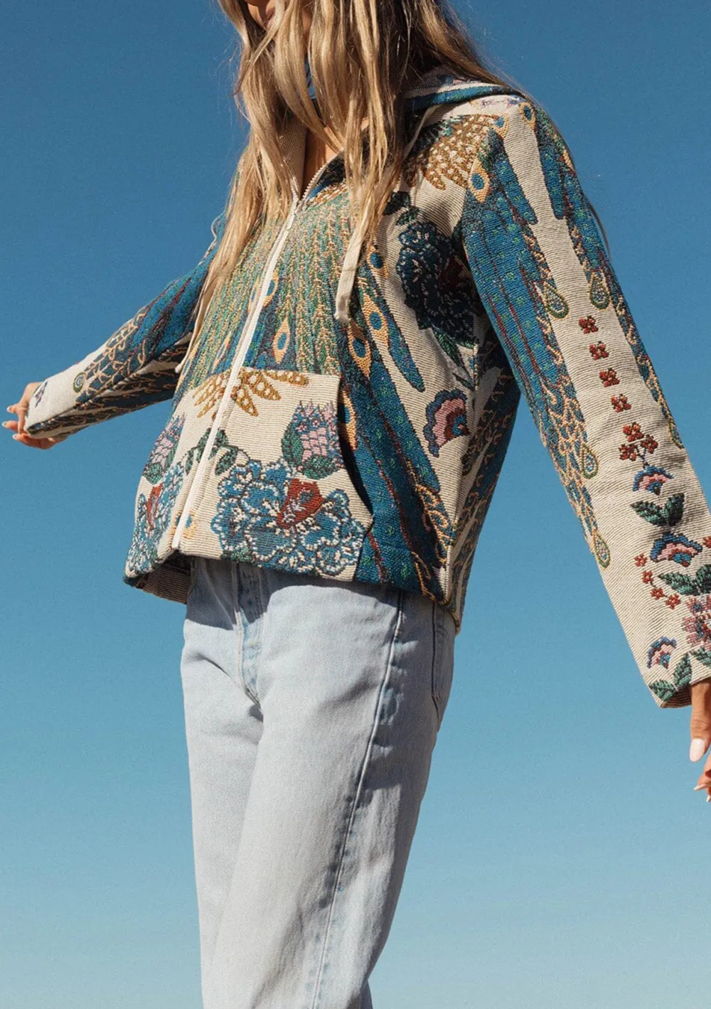 Drawstring Printed Zip Up Hoodie