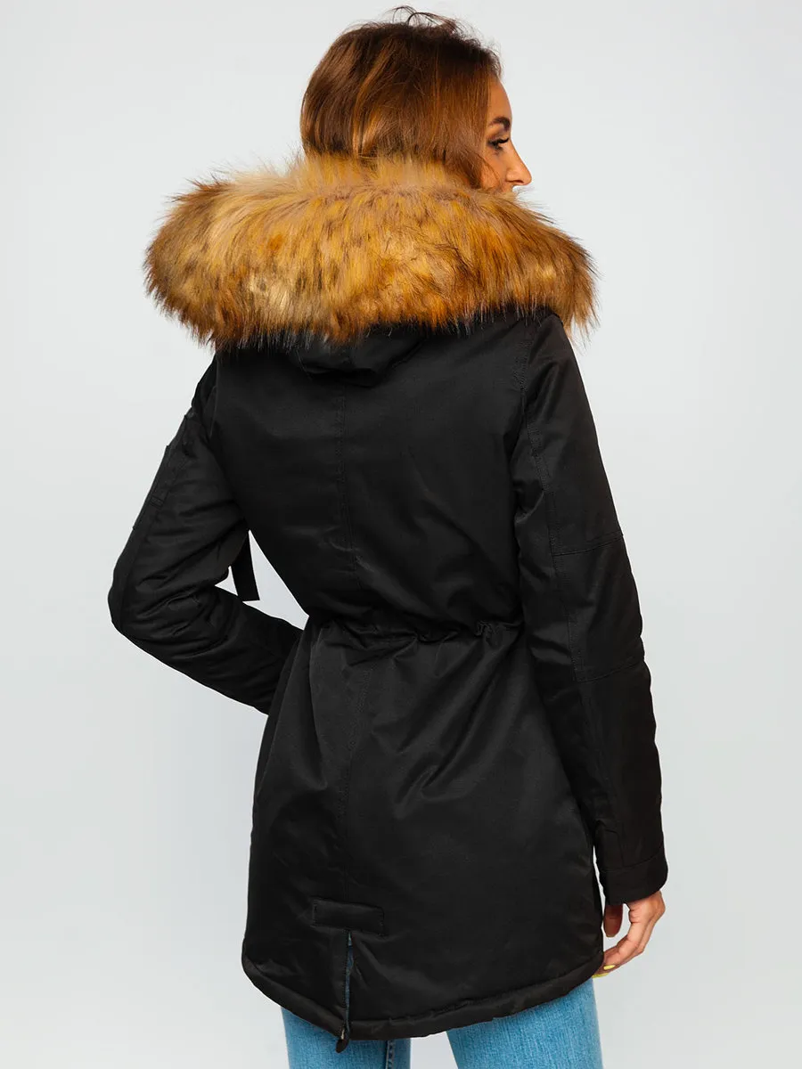Black women's winter parka jacket with hood