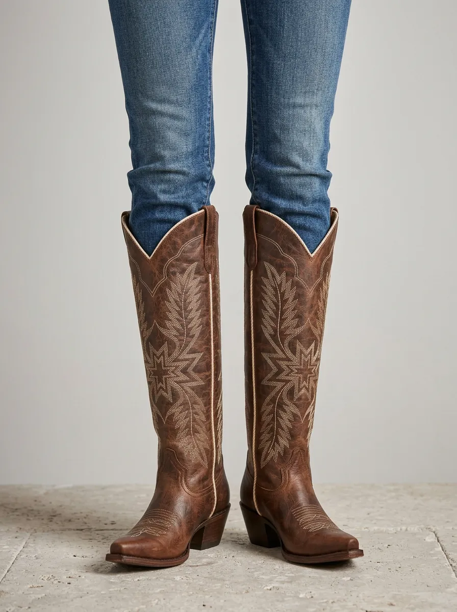 Women's Western Leaf Star Embroidered Piped Pointed-Toe Stacked-Heel Denim Over-the-Knee Boots