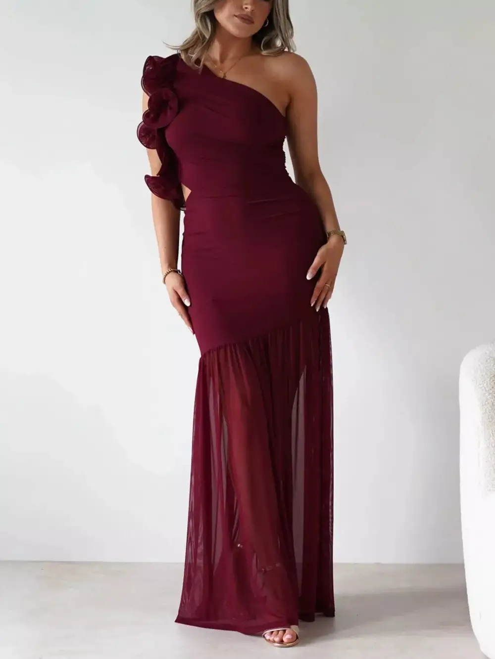 One Shoulder Ruffle Trim Maxi Dress