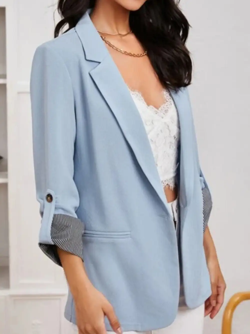 Lapel Collar Roll Tab Sleeve Blazer