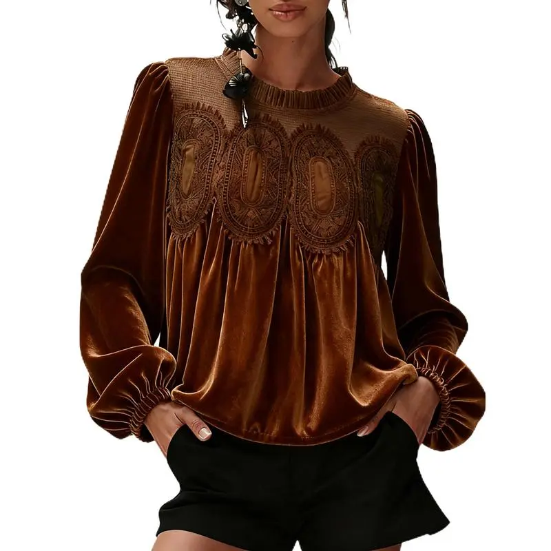 Women'S Long Sleeve Velvet Trim Lace Blouse Elegant Flared Swing Top