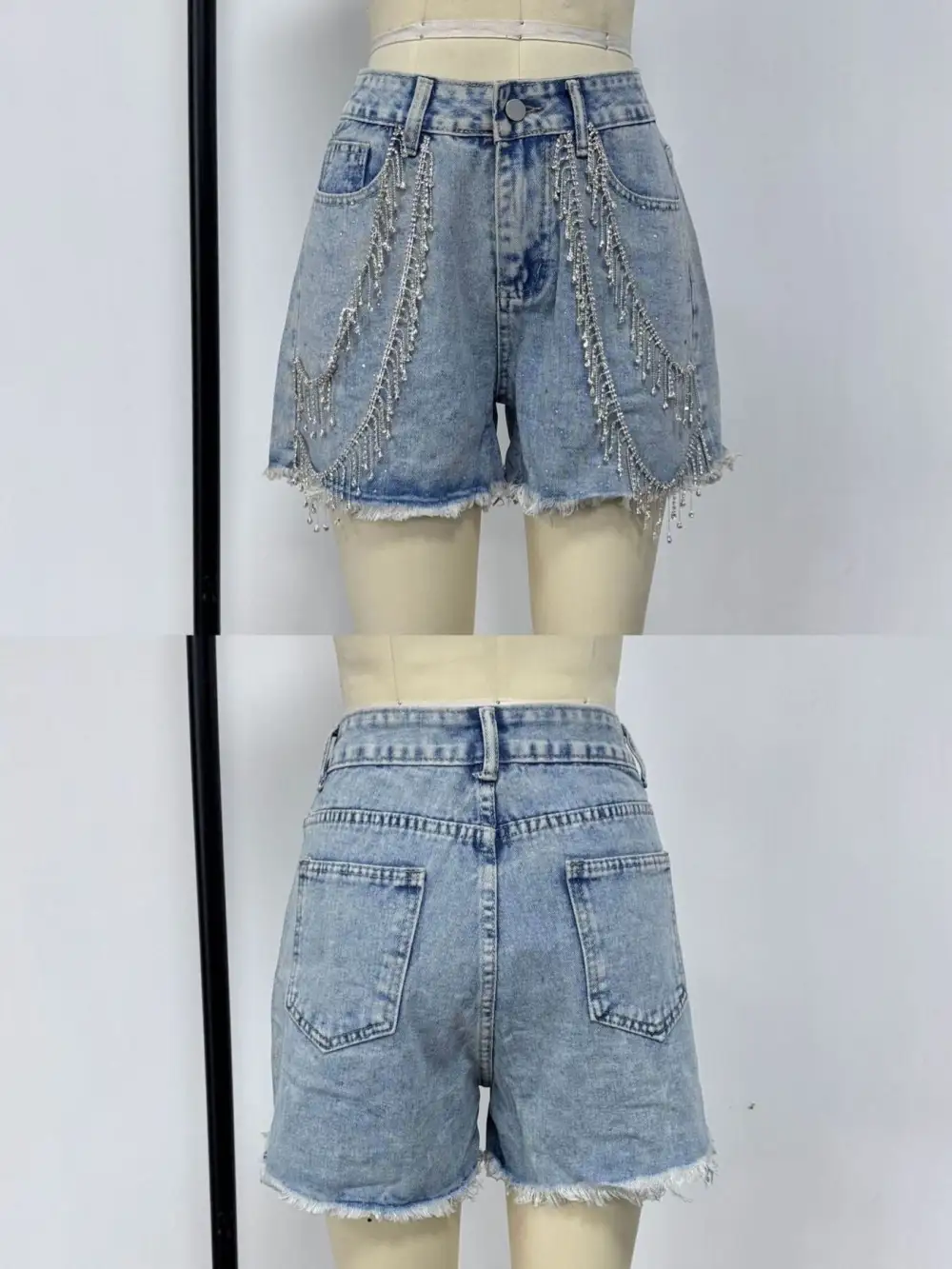 Raw Hem Rhinestone Detail Denim Shorts