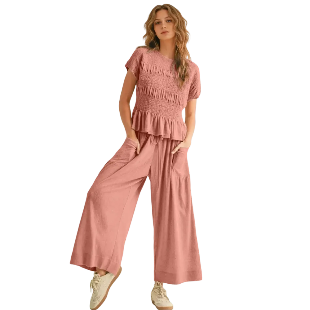 Women's Boho Chic Pleated Top & Wide-Leg Set