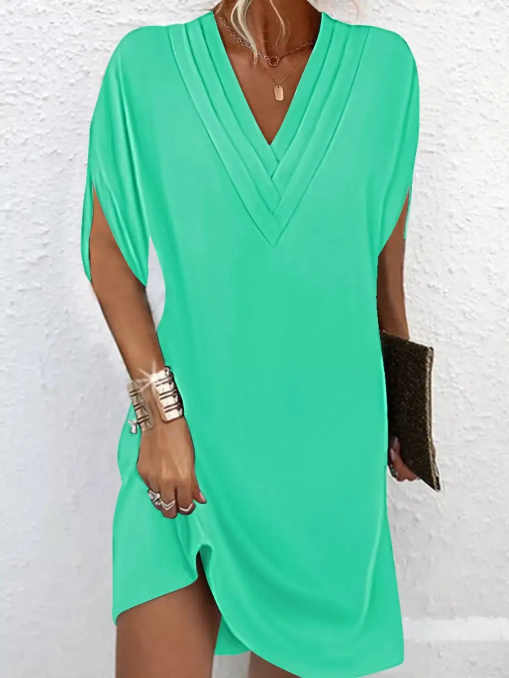 V-Neck Side Slit Mini Dress