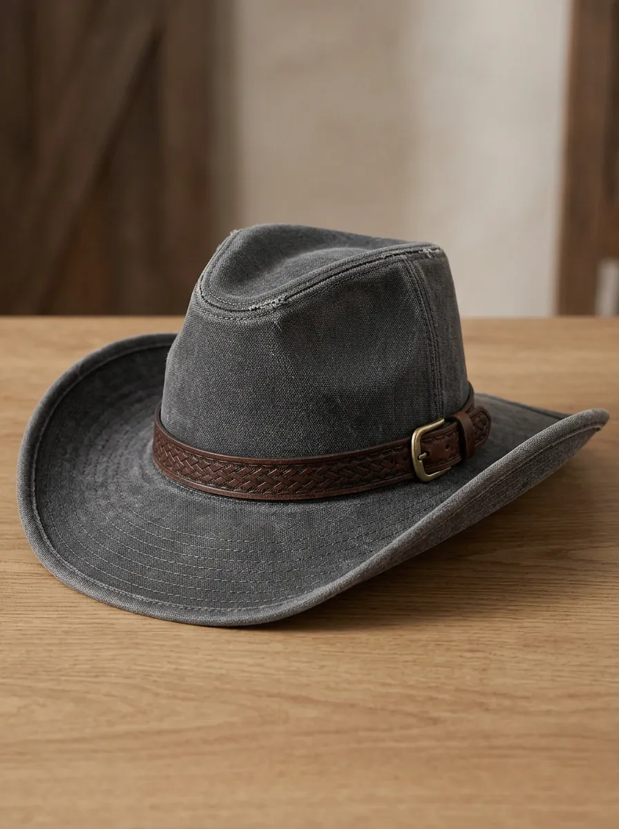 Rugged Leather Look Wide Brim Curved Brim Men's Cowboy Hat