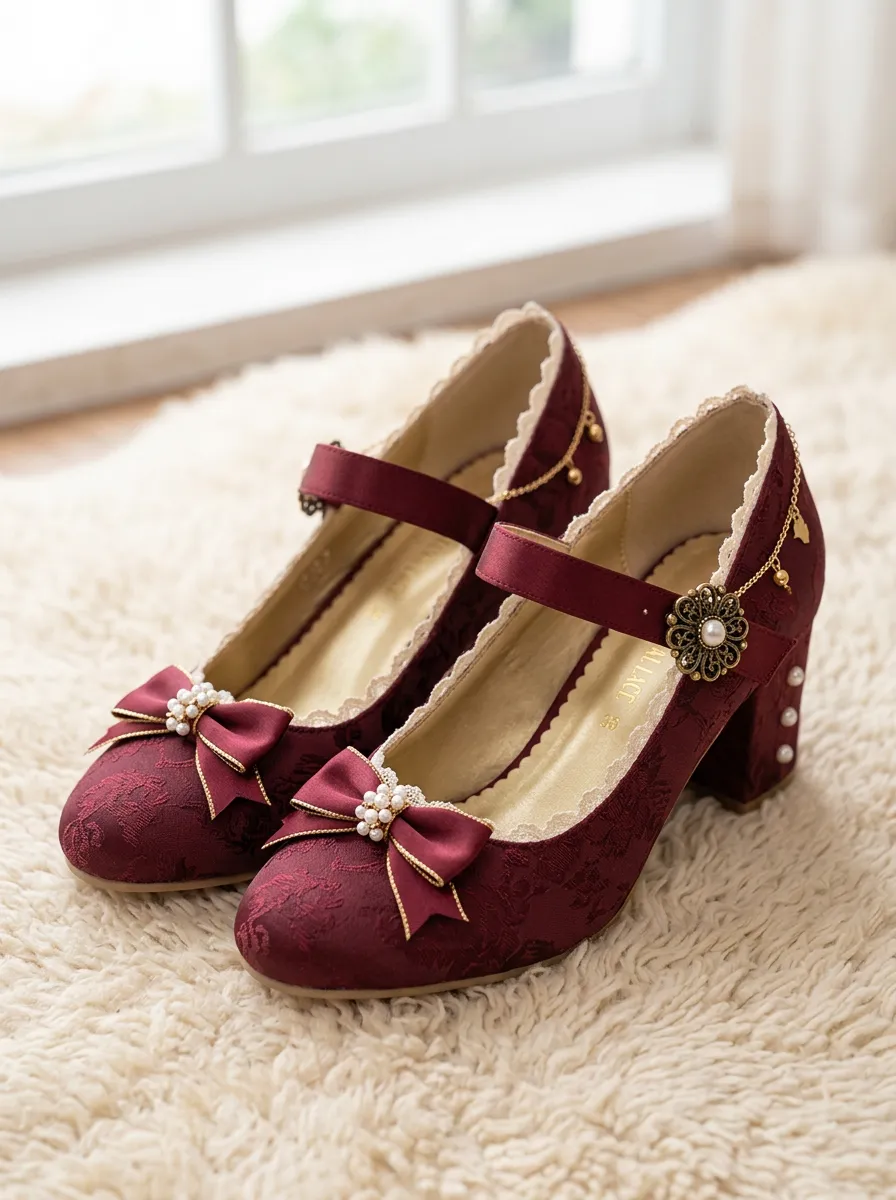Pearl Bow Floral Jacquard Women's Bavarian Occasion Heels