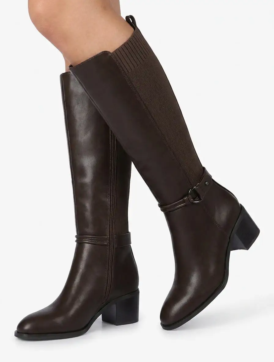 Refined Strap Detail Buckle Detail Block Heel Faux Leather Knee High Boots