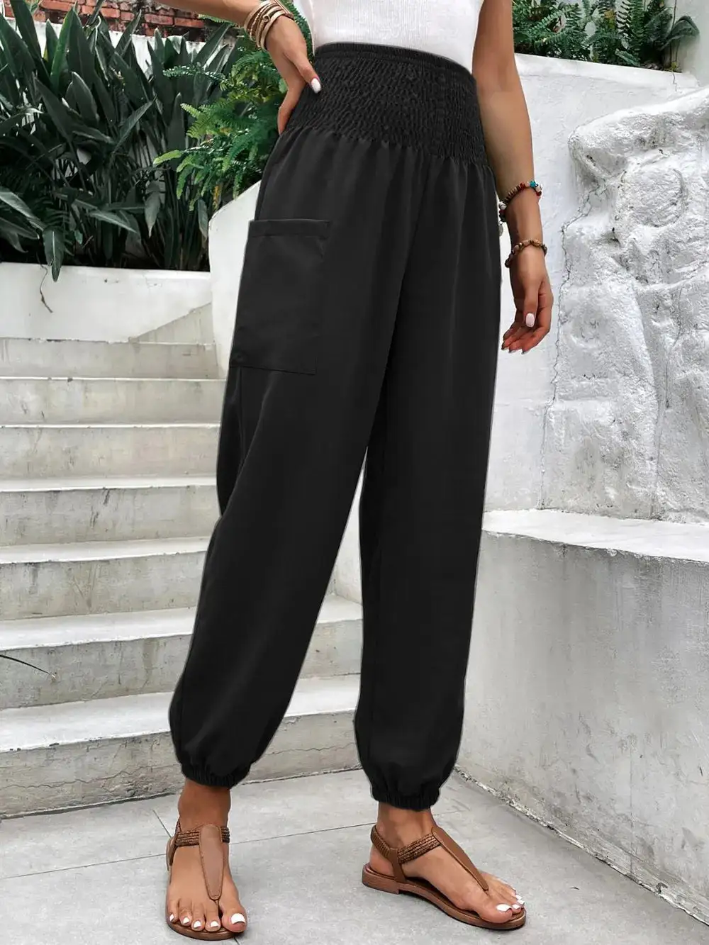 Relaxed Smocked High Waist Pants
