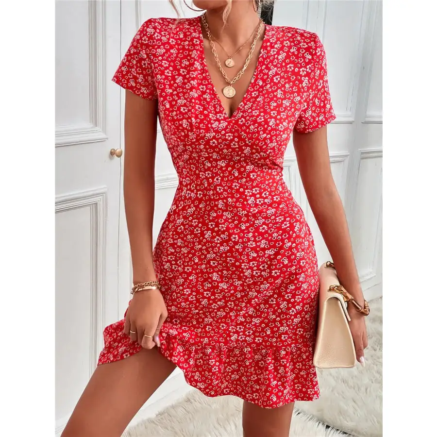 Ruffled Hem V-Neck Short Sleeve Mini Dress