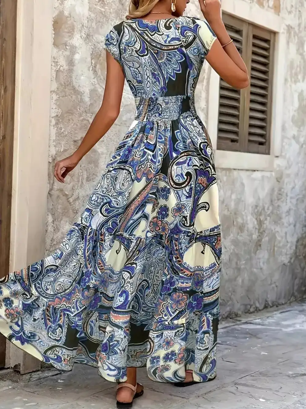 Smooth Finish Printed V Neck Maxi Dress