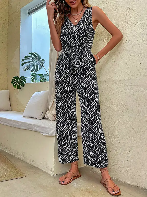 Woven Leopard Print V Neck Jumpsuit