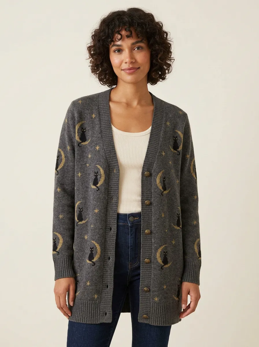 Women's Halloween Cat Moon Stars Patterned Cardigan