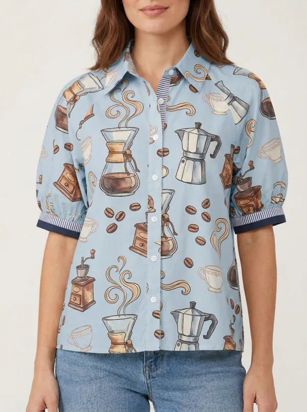 Women's Coffee Lover Espresso Maker Printed Button-up Shirt