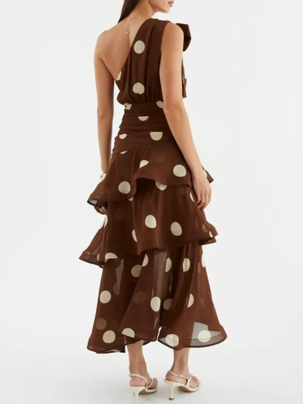 Tiered One-Shoulder Polka-Dot Casual Dress